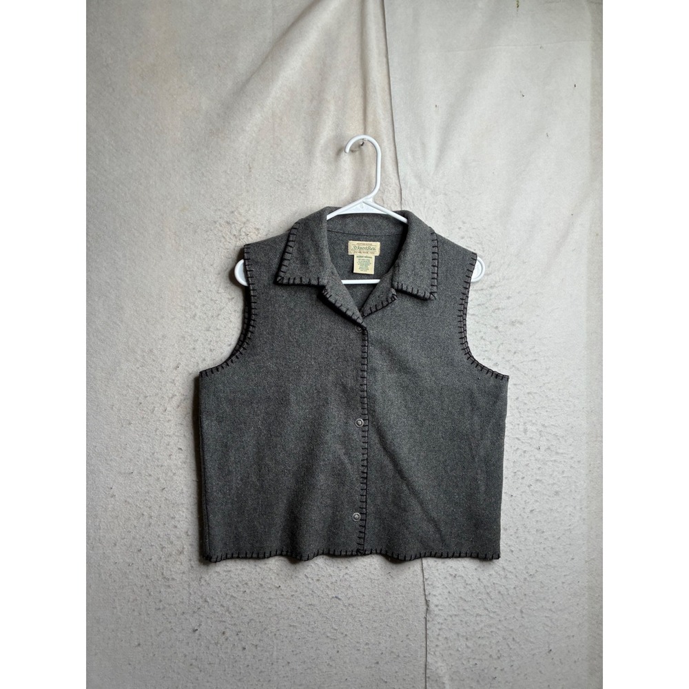 St. Johns Bay Gray Wool Blend Blanket Stitch Button Front Vest Womens Medium